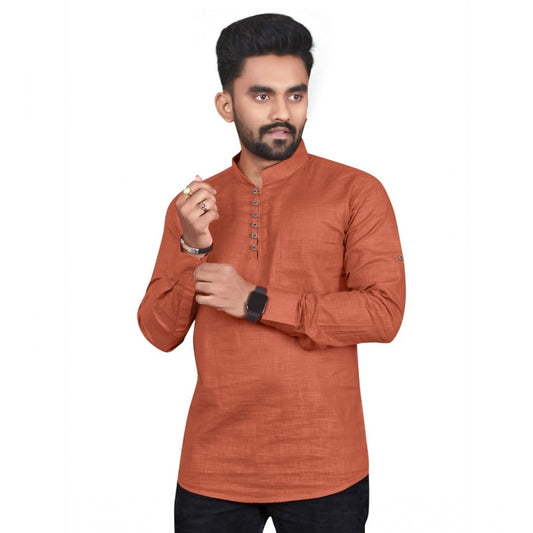 Generic Men's Cotton Solid Full Sleeve Short Kurta (Orange)