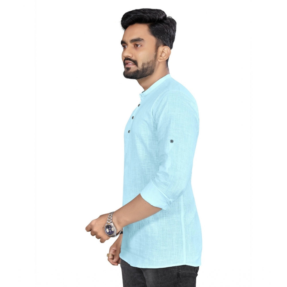 Generic Men's Cotton Solid Full Sleeve Short Kurta (Light Blue)