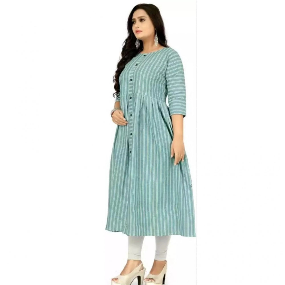 Generic Women's Cotton Blend Striped Pattern Calf Length A-line Kurti (Light Blue)