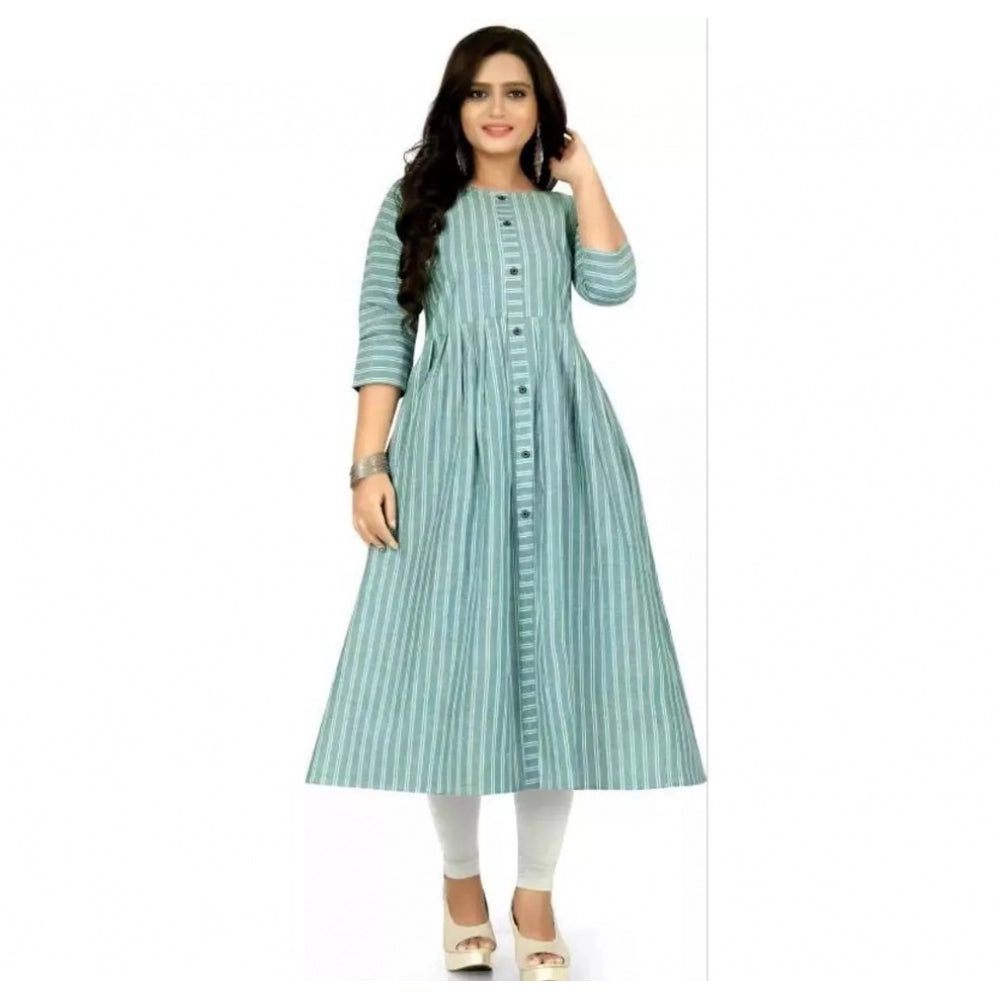 Generic Women's Cotton Blend Striped Pattern Calf Length A-line Kurti (Light Blue)