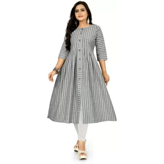 Generic Women's Cotton Blend Striped Pattern Calf Length A-line Kurti (Grey)