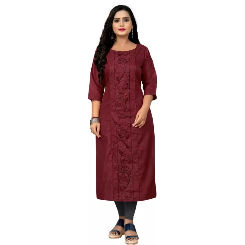 Generic Women's Cotton Blend Embroidered Pattern Calf Length Straight Kurti (Maroon)