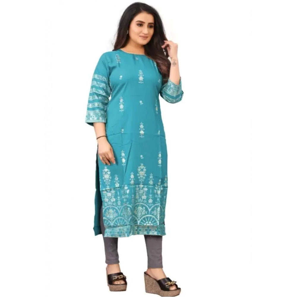 Generic Women's Cotton Blend Printed Pattern Calf Length Straight Kurti (Light Blue)