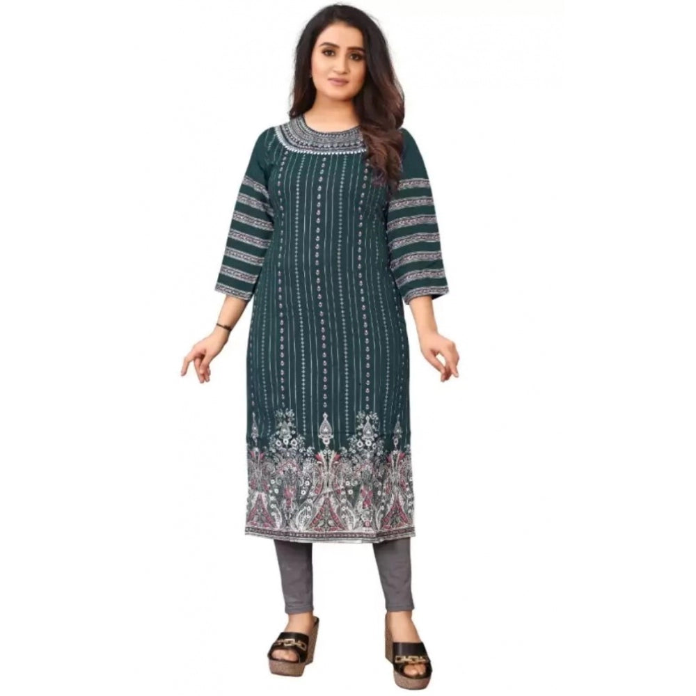 Generic Women's Cotton Blend Printed Pattern Calf Length Straight Kurti (Dark Green)