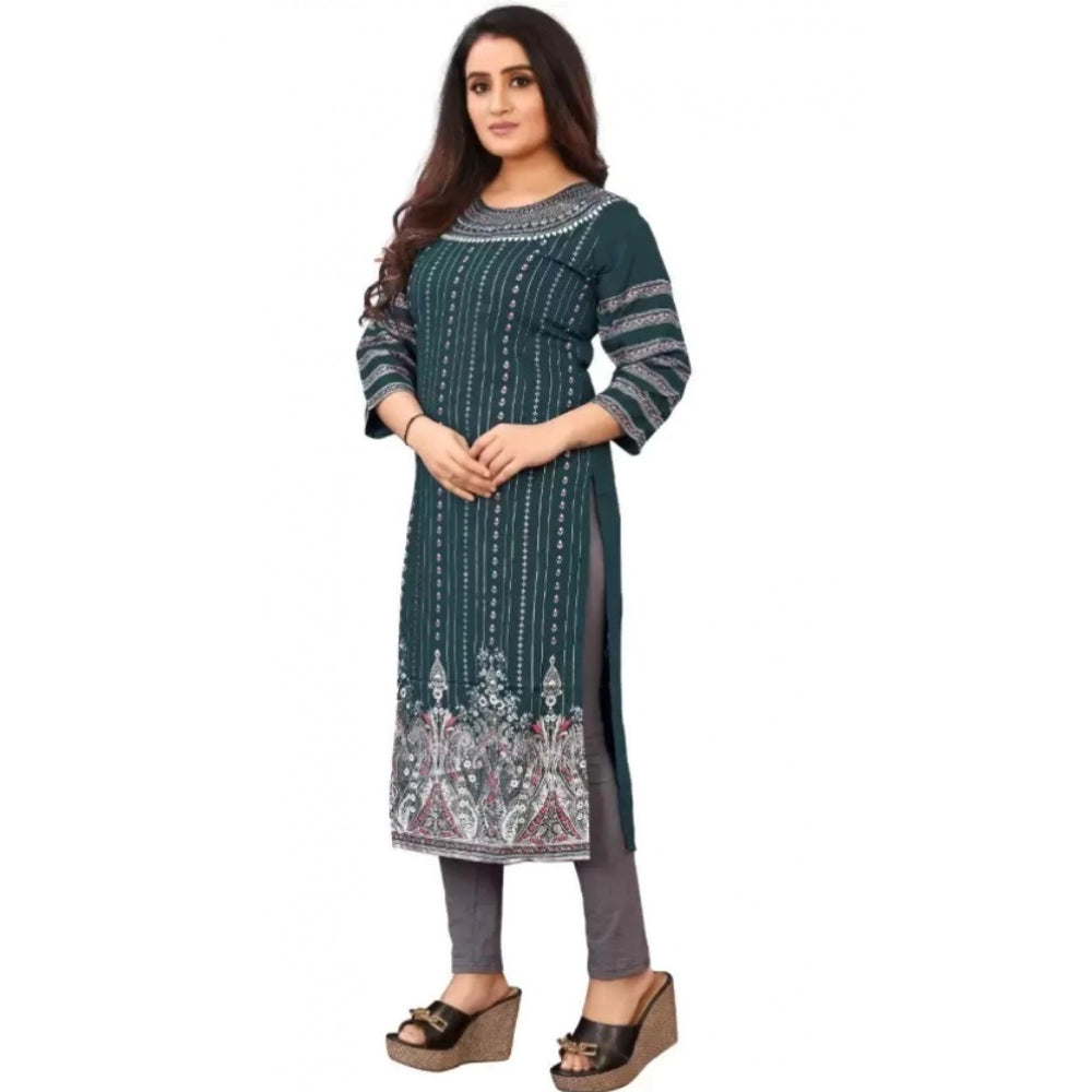 Generic Women's Cotton Blend Printed Pattern Calf Length Straight Kurti (Dark Green)