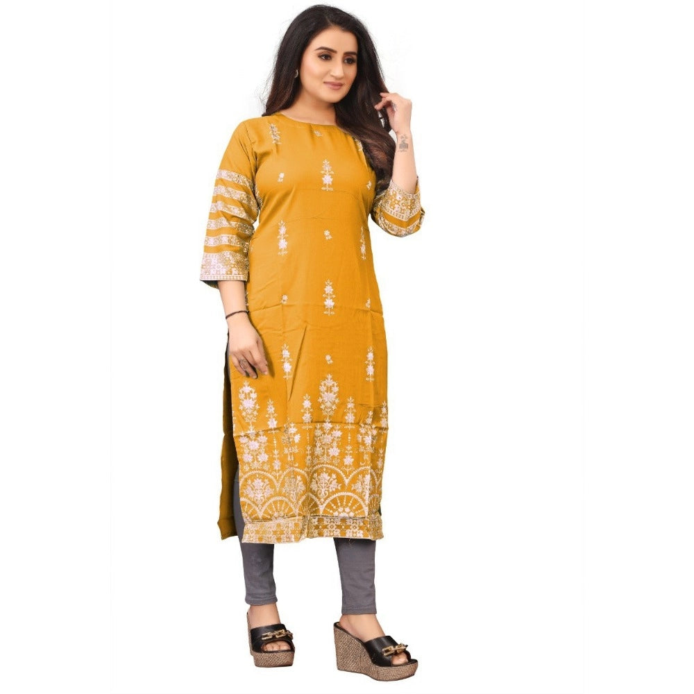 Generic Women's Cotton Blend Floral Print Pattern Calf Length Straight Kurti (Yellow)