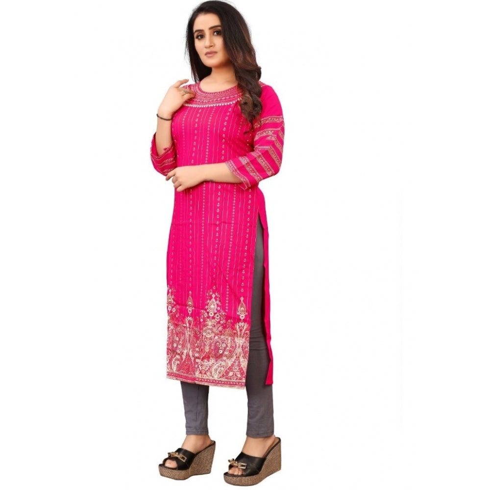 Generic Women's Cotton Blend Printed Pattern Calf Length Straight Kurti (Pink)