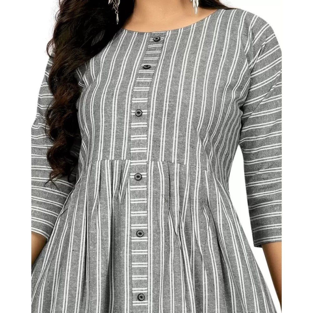 Generic Women's Cotton Blend Striped Pattern Calf Length A-line Kurti (Grey)