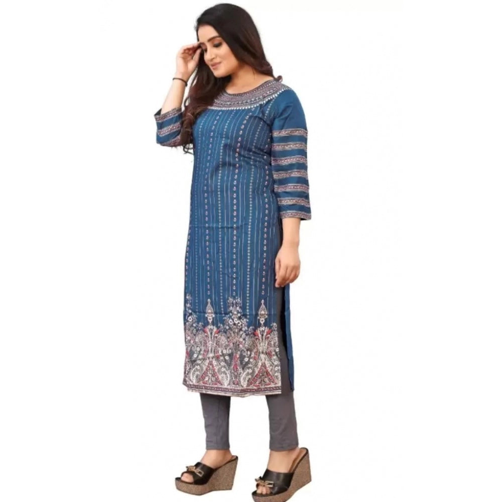 Generic Women's Cotton Blend Printed Pattern Calf Length Straight Kurti (Blue)