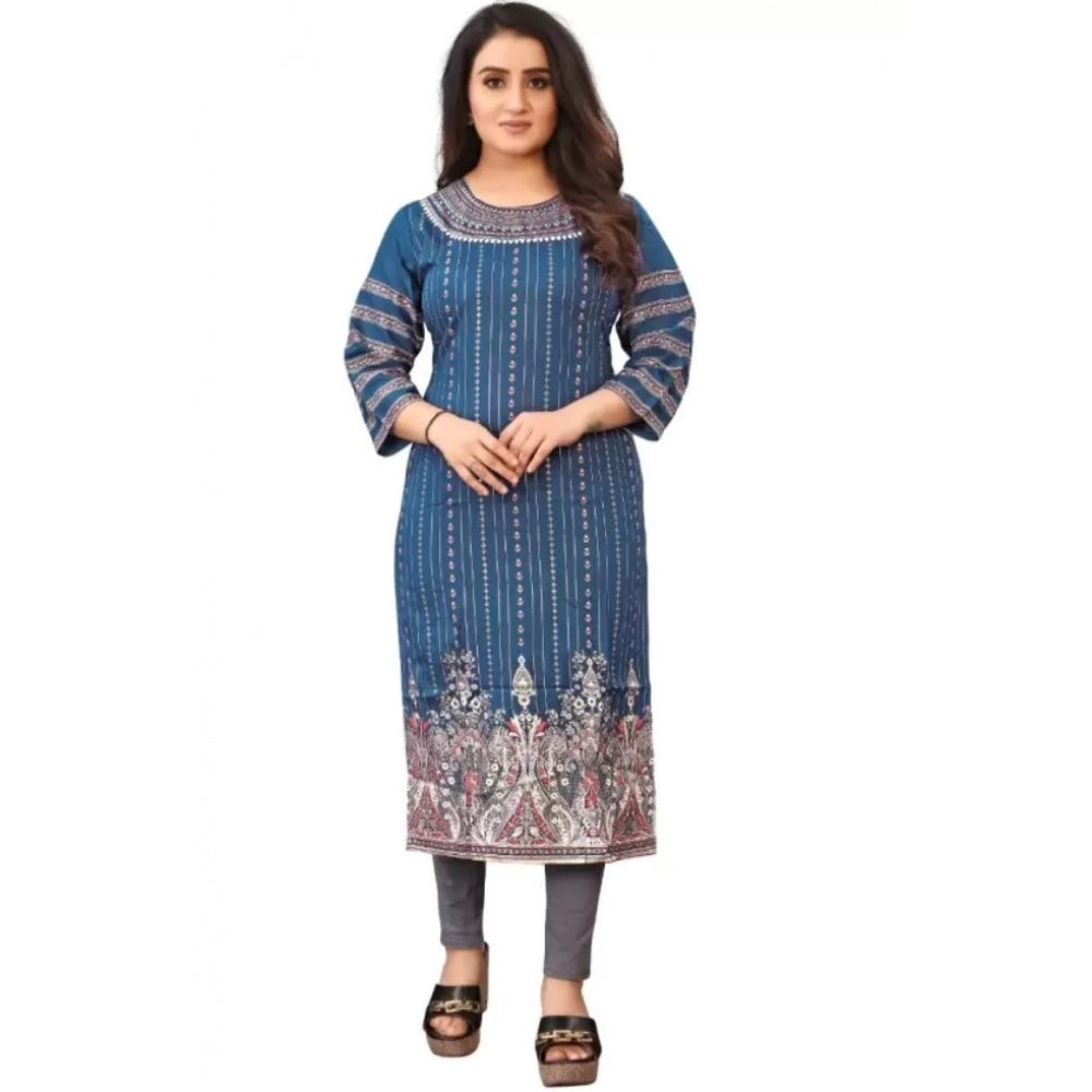 Generic Women's Cotton Blend Printed Pattern Calf Length Straight Kurti (Blue)