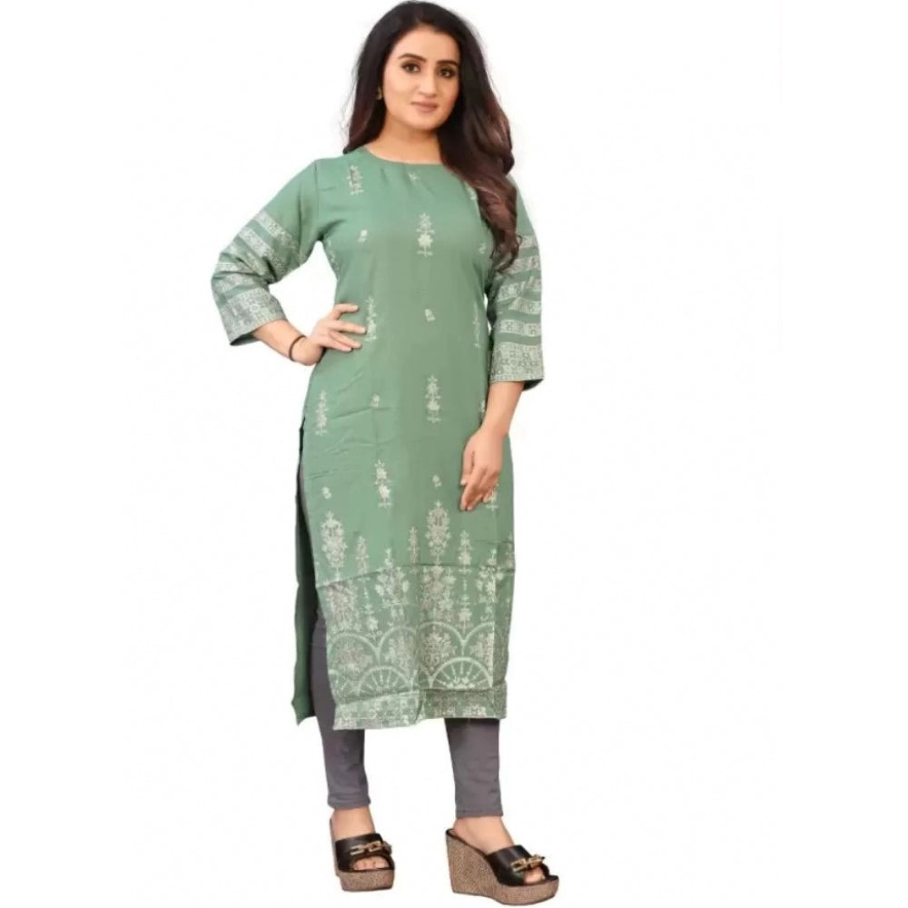 Generic Women's Cotton Blend Printed Pattern Calf Length Straight Kurti (Light Green)