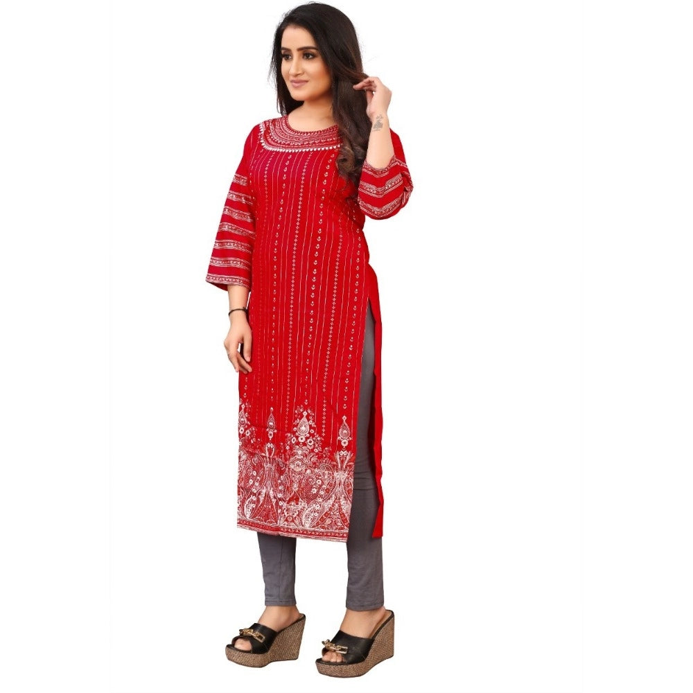 Generic Women's Cotton Blend Printed Pattern Calf Length Straight Kurti (Red)