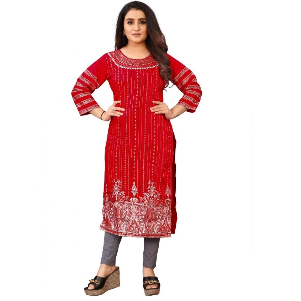 Generic Women's Cotton Blend Printed Pattern Calf Length Straight Kurti (Red)