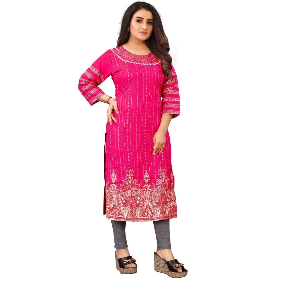 Generic Women's Cotton Blend Printed Pattern Calf Length Straight Kurti (Pink)