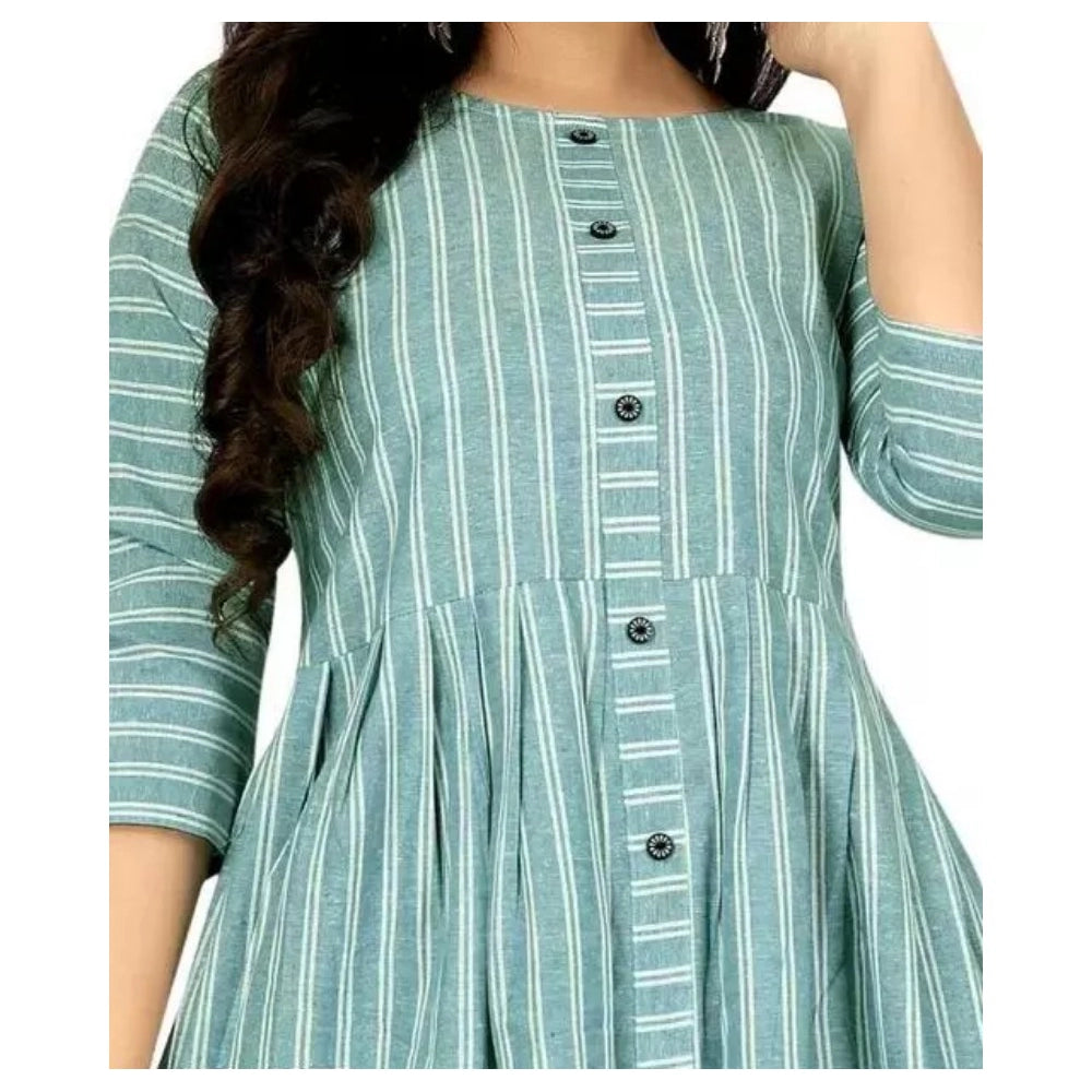 Generic Women's Cotton Blend Striped Pattern Calf Length A-line Kurti (Light Blue)