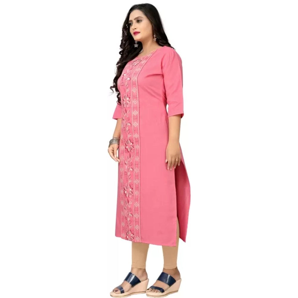 Generic Women's Cotton Blend Embroidered Pattern Calf Length Straight Kurti (Pink)