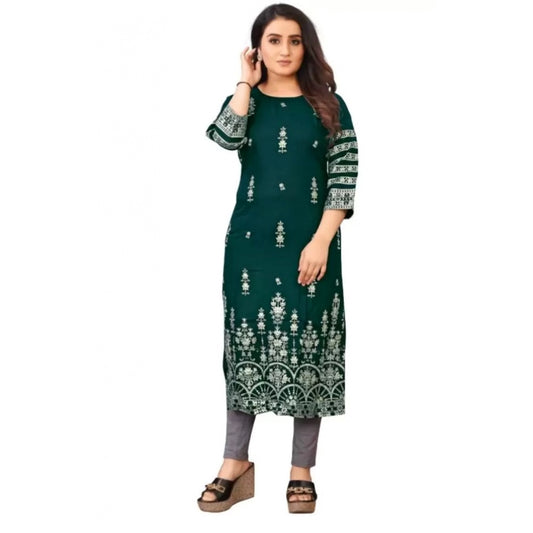 Generic Women's Cotton Blend Printed Pattern Calf Length Straight Kurti (Green)