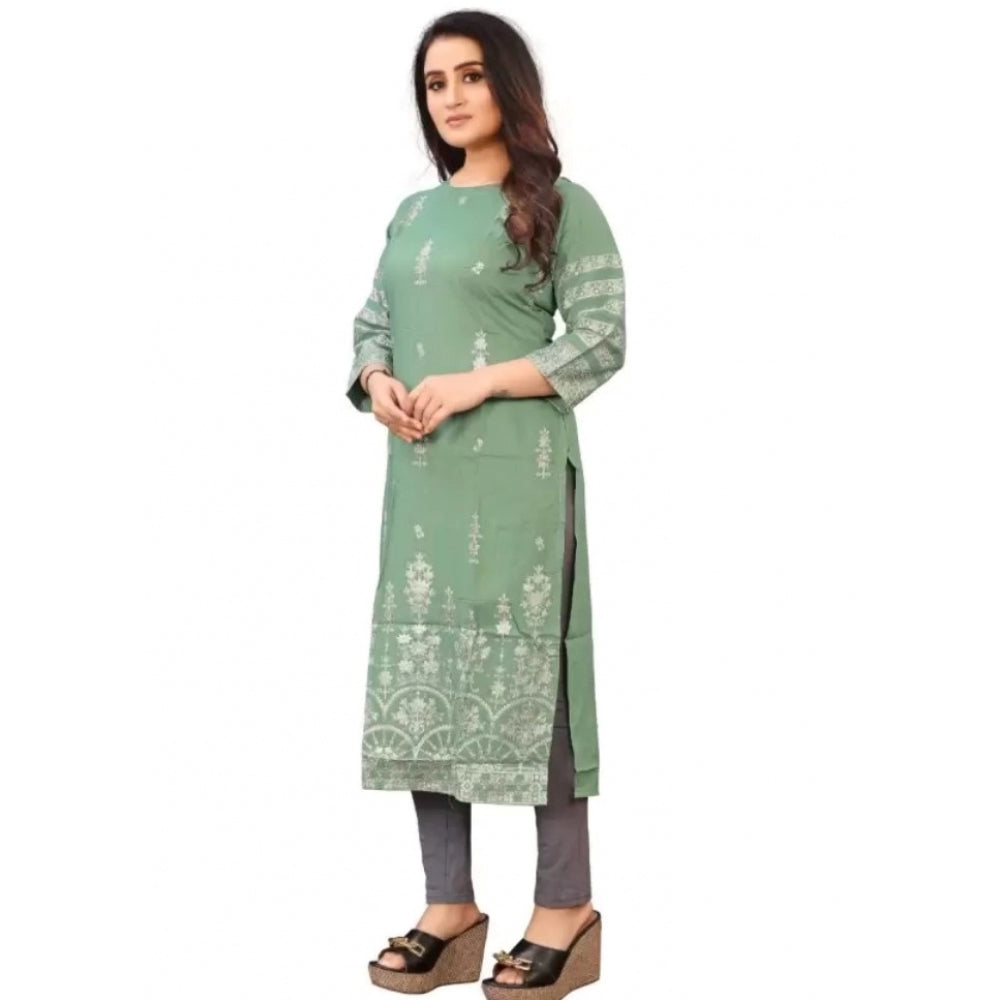 Generic Women's Cotton Blend Printed Pattern Calf Length Straight Kurti (Light Green)