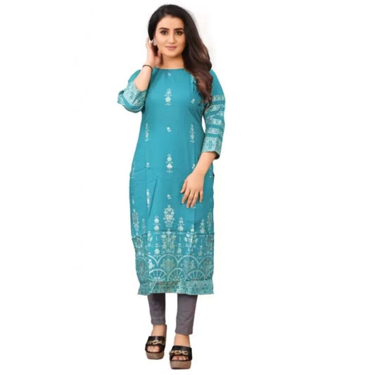 Generic Women's Cotton Blend Printed Pattern Calf Length Straight Kurti (Light Blue)