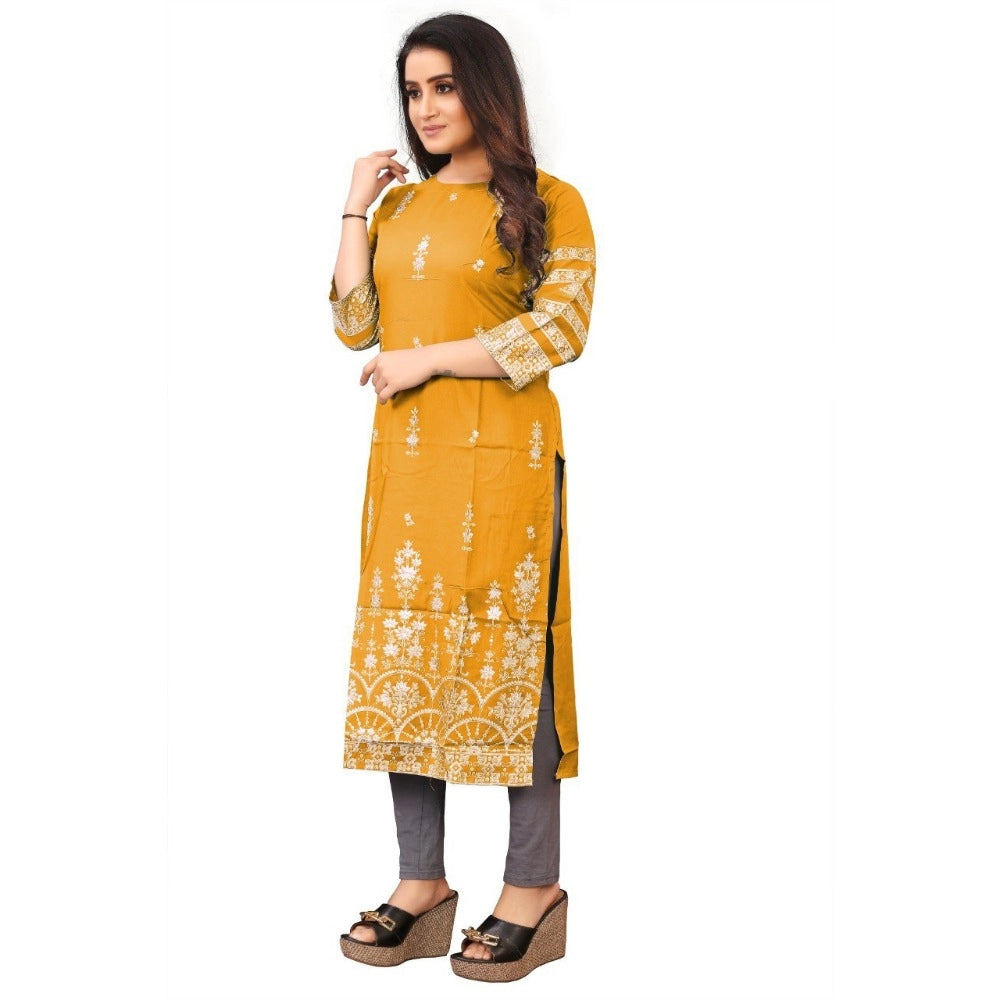 Generic Women's Cotton Blend Floral Print Pattern Calf Length Straight Kurti (Yellow)