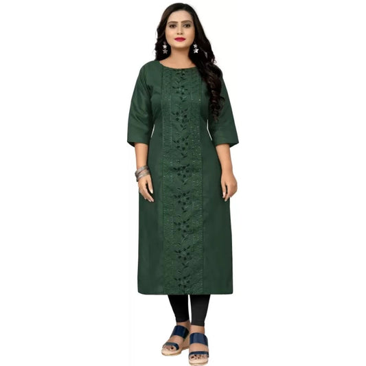 Generic Women's Cotton Blend Embroidered Pattern Calf Length Straight Kurti (Green)