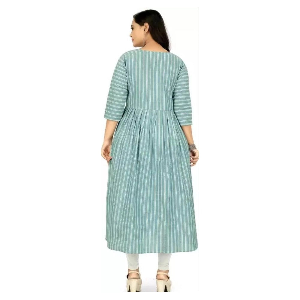 Generic Women's Cotton Blend Striped Pattern Calf Length A-line Kurti (Light Blue)