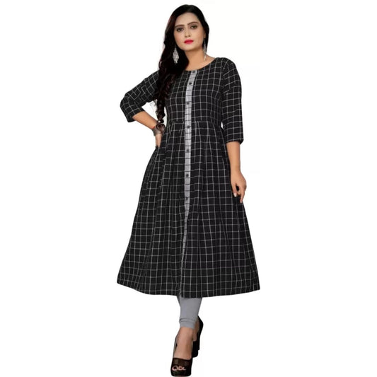 Generic Women's Cotton Blend Striped Pattern Calf Length A-line Kurti (Black)