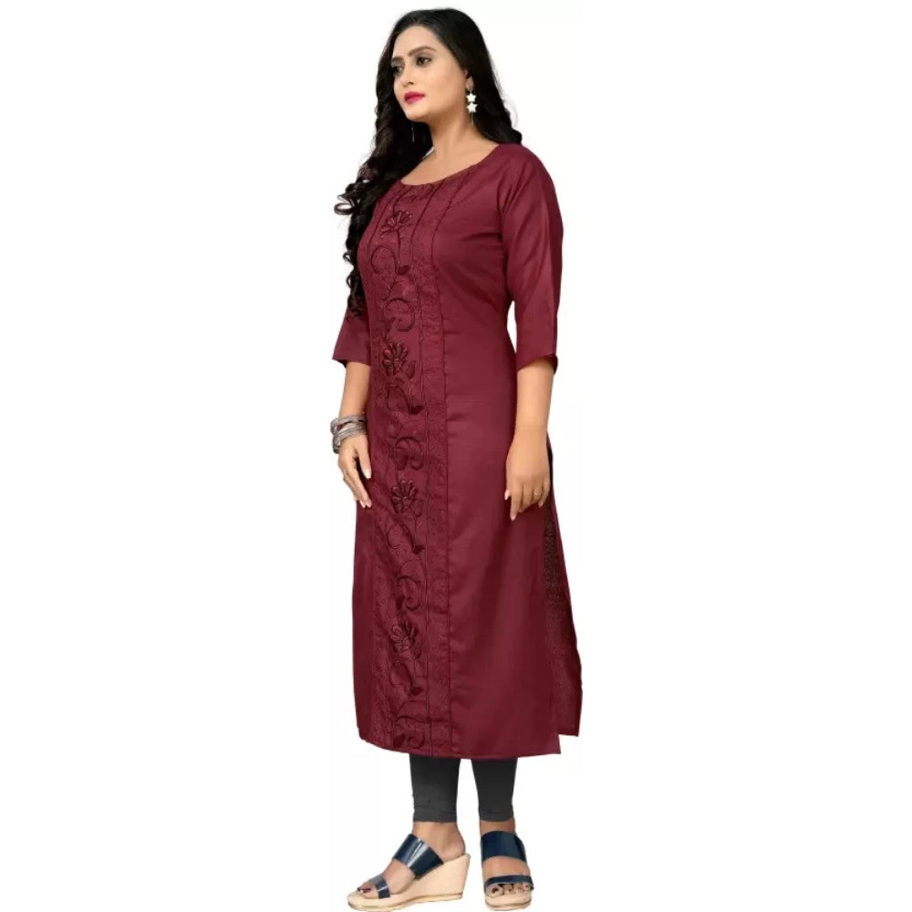 Generic Women's Cotton Blend Embroidered Pattern Calf Length Straight Kurti (Maroon)