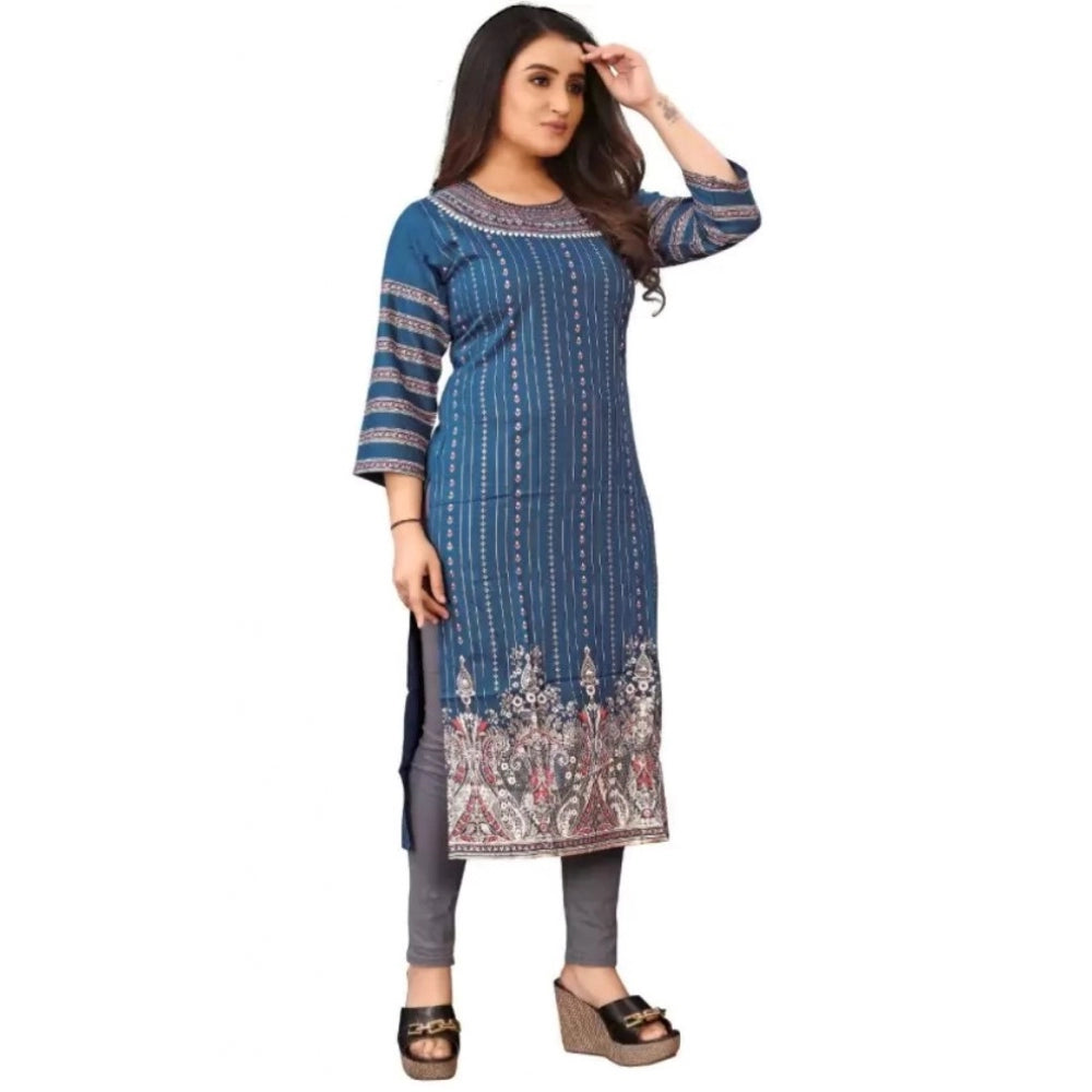 Generic Women's Cotton Blend Printed Pattern Calf Length Straight Kurti (Blue)