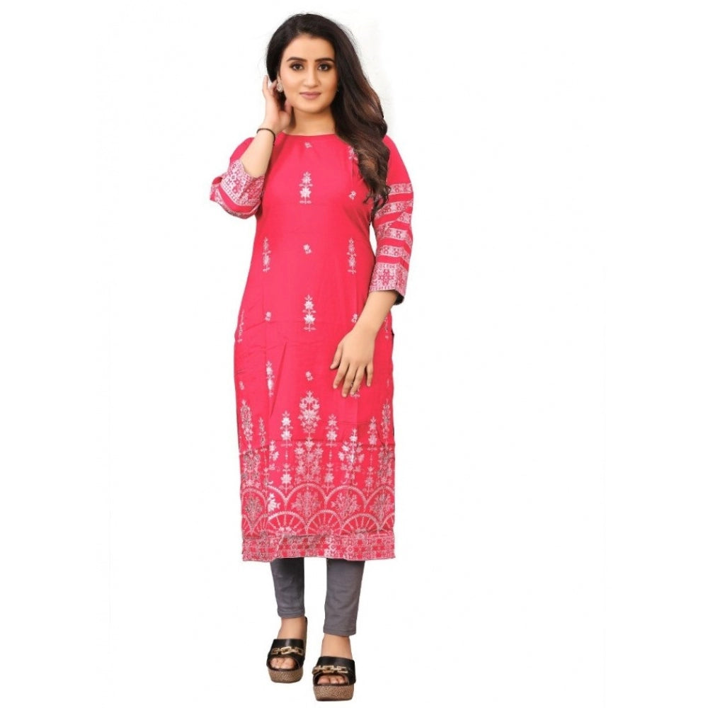 Generic Women's Cotton Blend Printed Pattern Calf Length Straight Kurti (Peach)