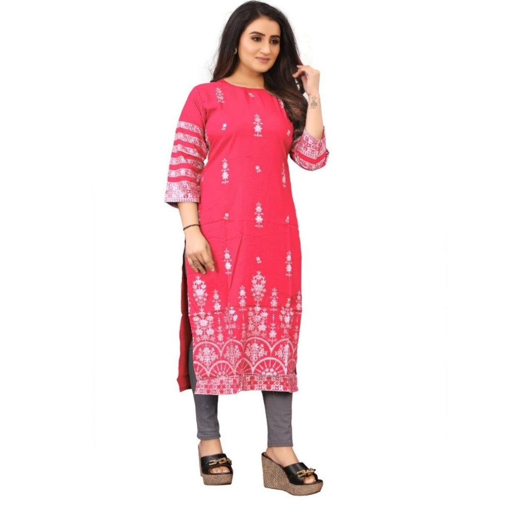 Generic Women's Cotton Blend Printed Pattern Calf Length Straight Kurti (Peach)