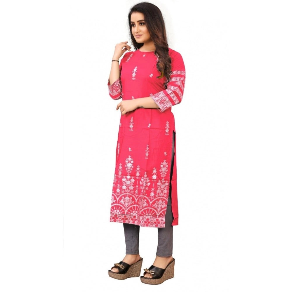 Generic Women's Cotton Blend Printed Pattern Calf Length Straight Kurti (Peach)