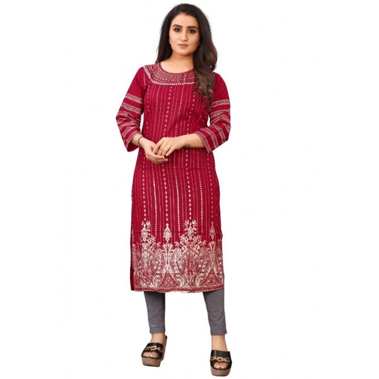 Generic Women's Cotton Blend Printed Pattern Calf Length Straight Kurti (Maroon)