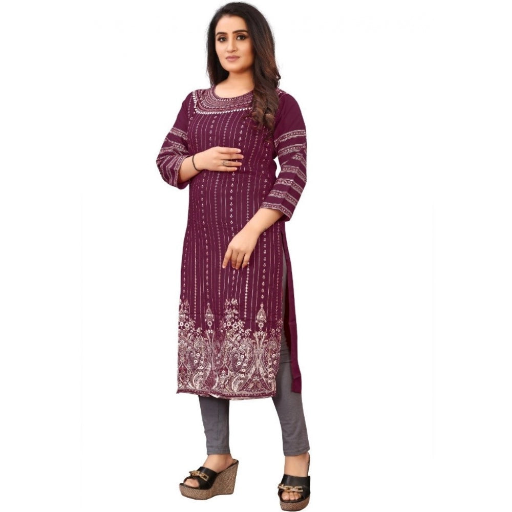 Generic Women's Cotton Blend Printed Pattern Calf Length Straight Kurti (Purple)