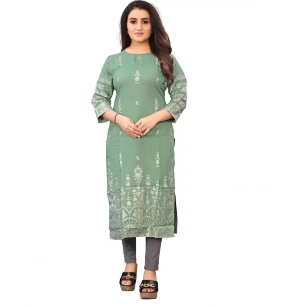 Generic Women's Cotton Blend Printed Pattern Calf Length Straight Kurti (Light Green)