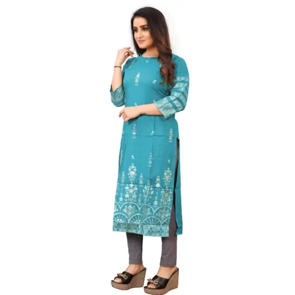 Generic Women's Cotton Blend Printed Pattern Calf Length Straight Kurti (Light Blue)