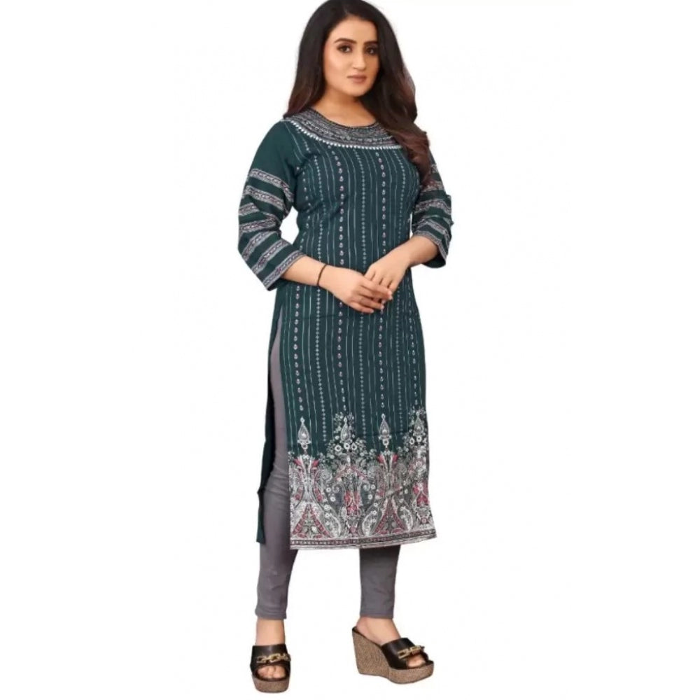 Generic Women's Cotton Blend Printed Pattern Calf Length Straight Kurti (Dark Green)