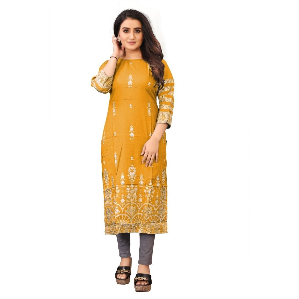 Generic Women's Cotton Blend Floral Print Pattern Calf Length Straight Kurti (Yellow)