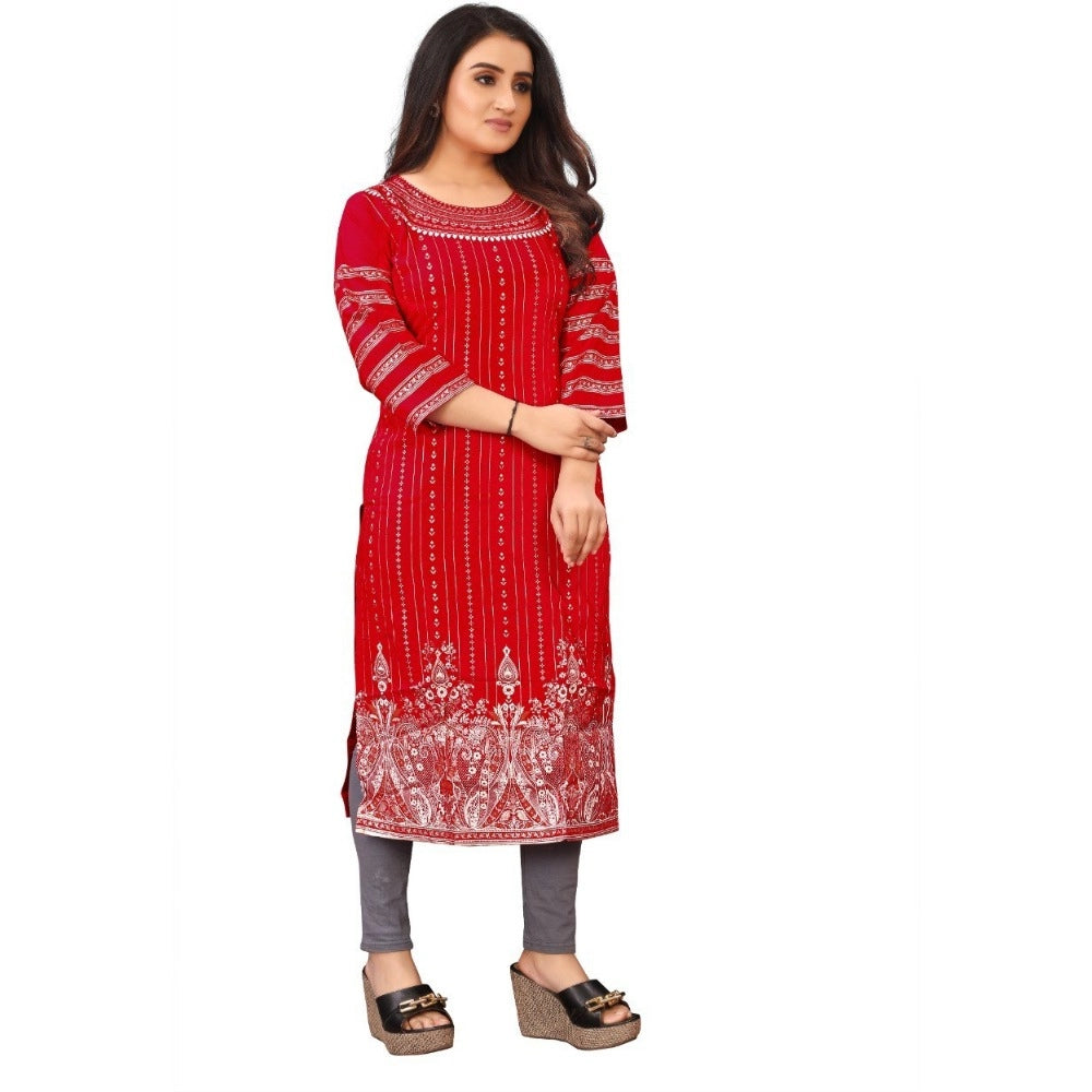 Generic Women's Cotton Blend Printed Pattern Calf Length Straight Kurti (Red)