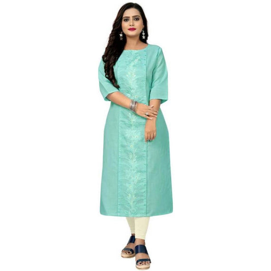 Generic Women's Cotton Blend Embroidered Pattern Calf Length Straight Kurti (Blue)