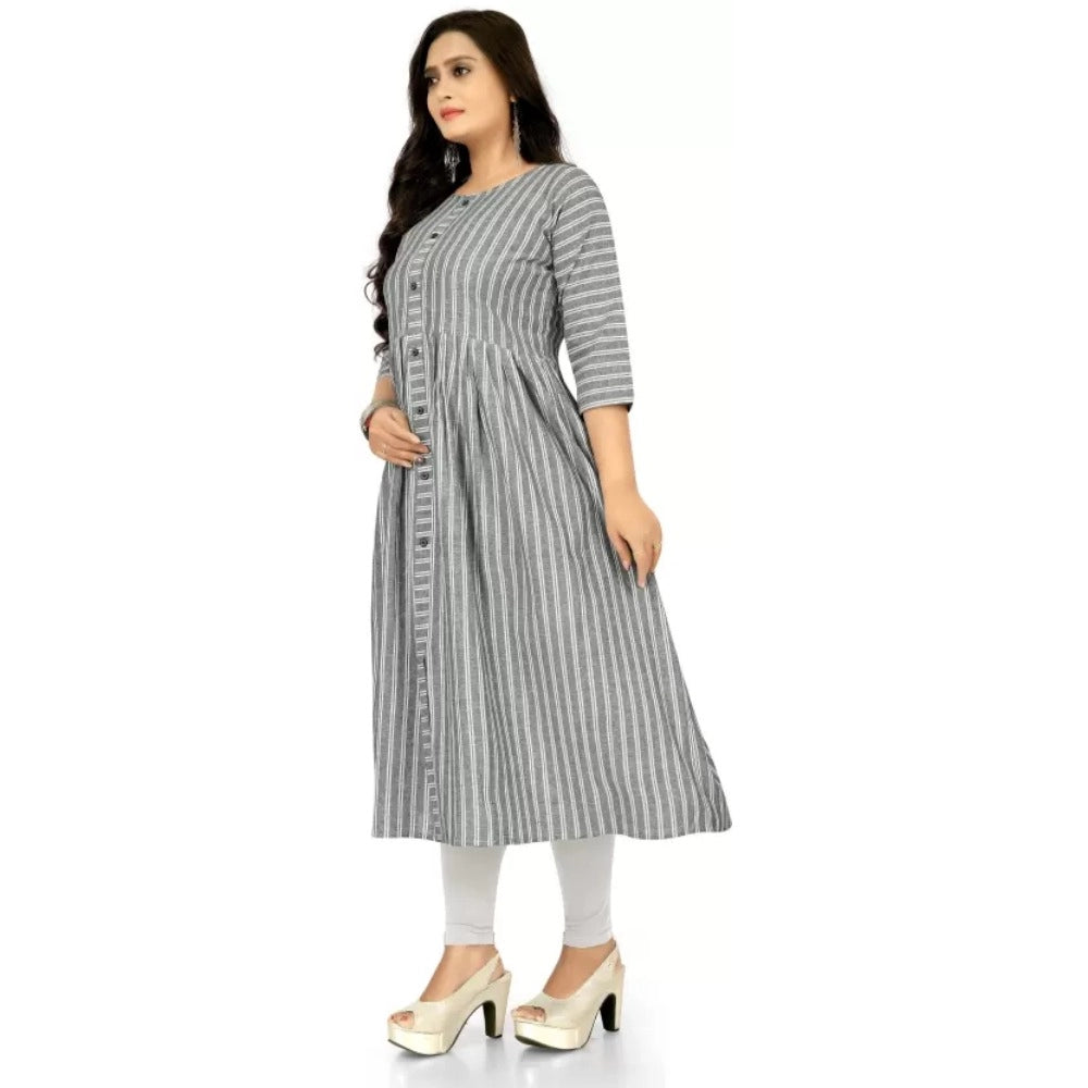 Generic Women's Cotton Blend Striped Pattern Calf Length A-line Kurti (Grey)