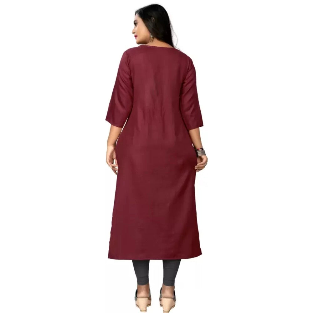 Generic Women's Cotton Blend Embroidered Pattern Calf Length Straight Kurti (Maroon)