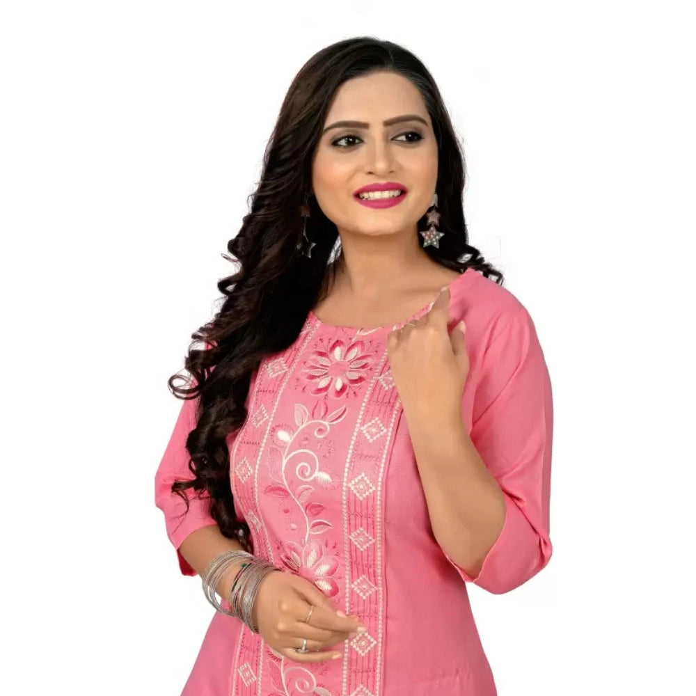 Generic Women's Cotton Blend Embroidered Pattern Calf Length Straight Kurti (Pink)