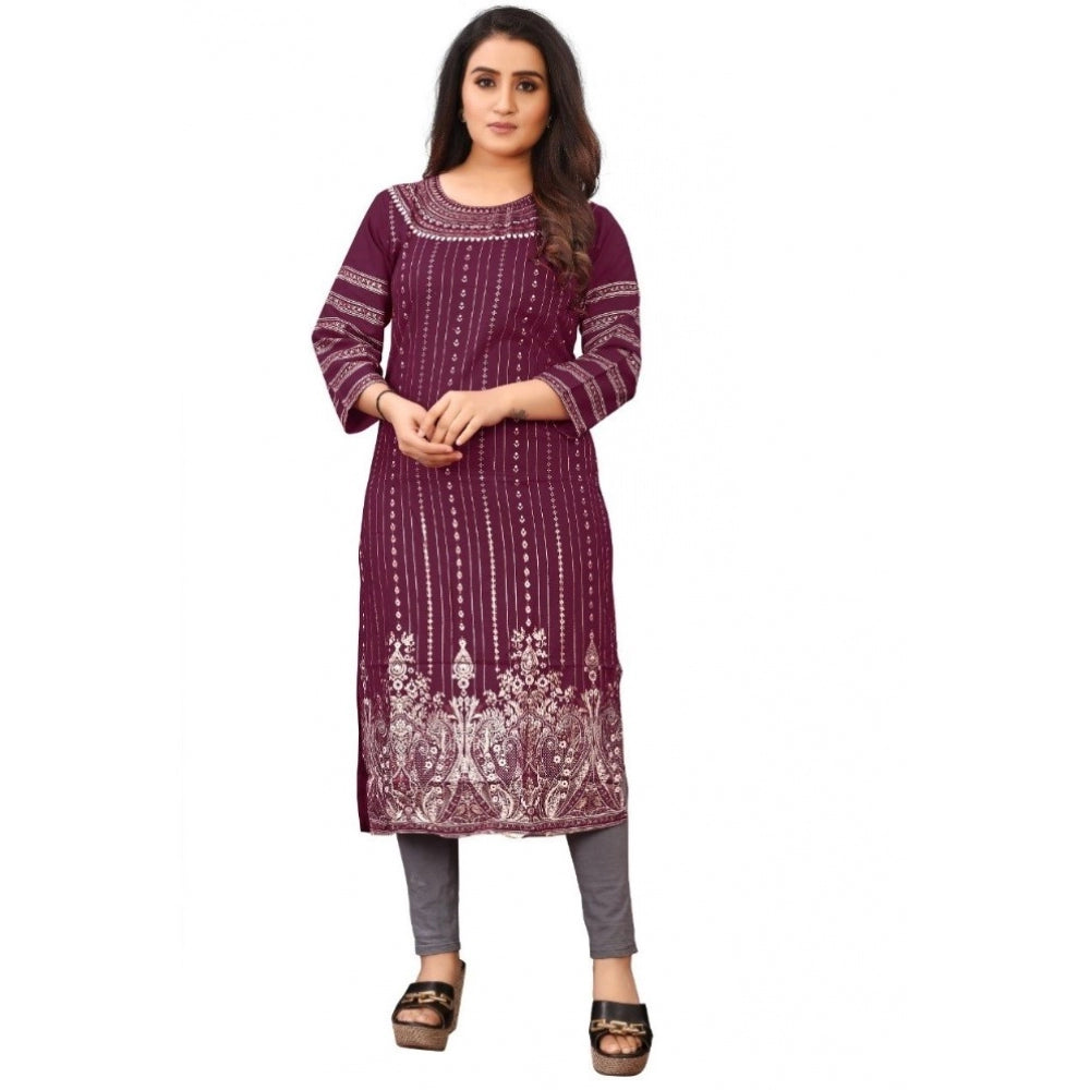 Generic Women's Cotton Blend Printed Pattern Calf Length Straight Kurti (Purple)