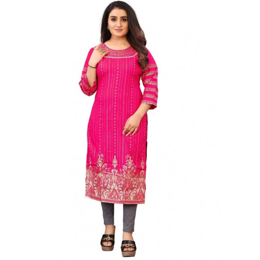 Generic Women's Cotton Blend Printed Pattern Calf Length Straight Kurti (Pink)