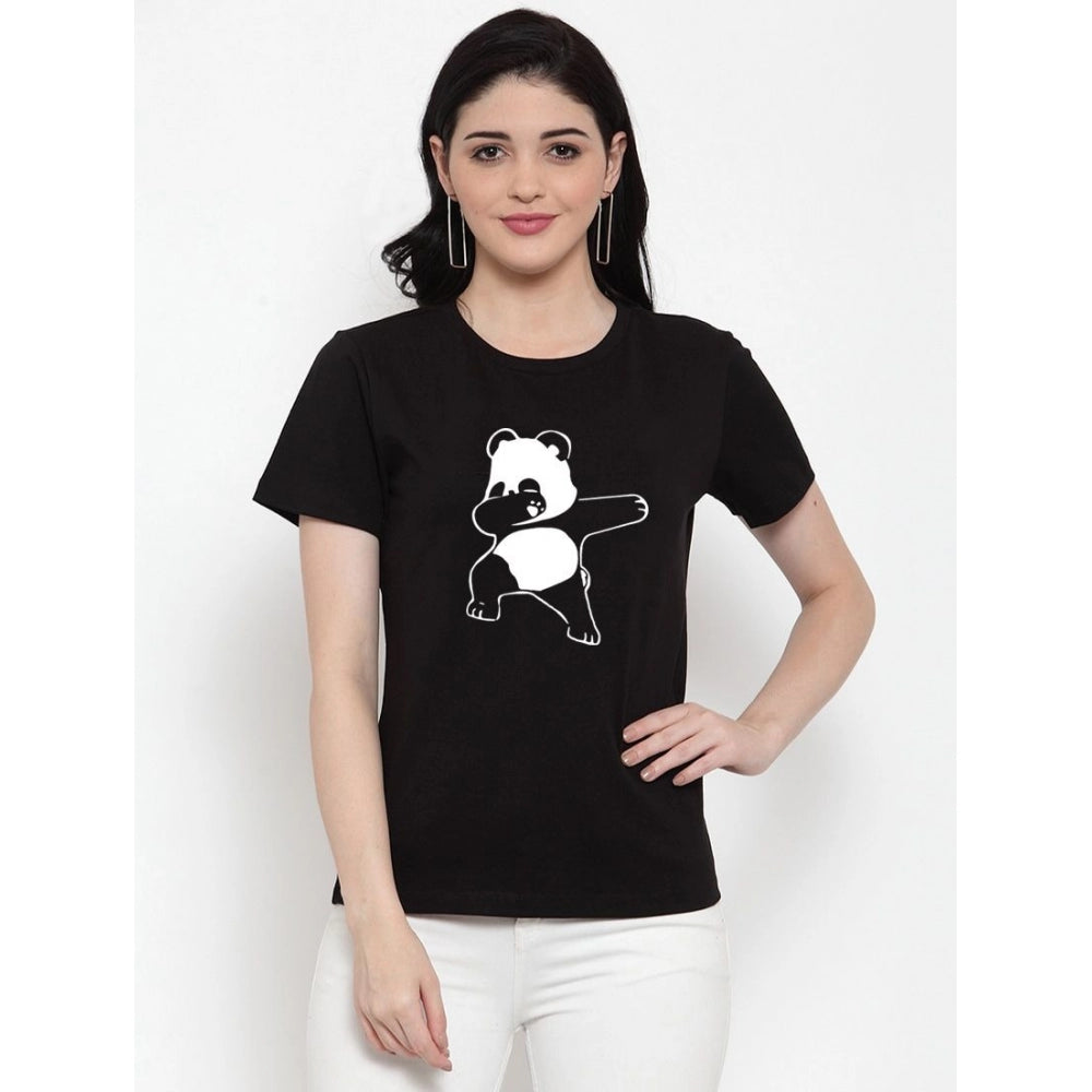 Generic Women's Cotton Blend Dancing Panda Printed T-Shirt (Black)