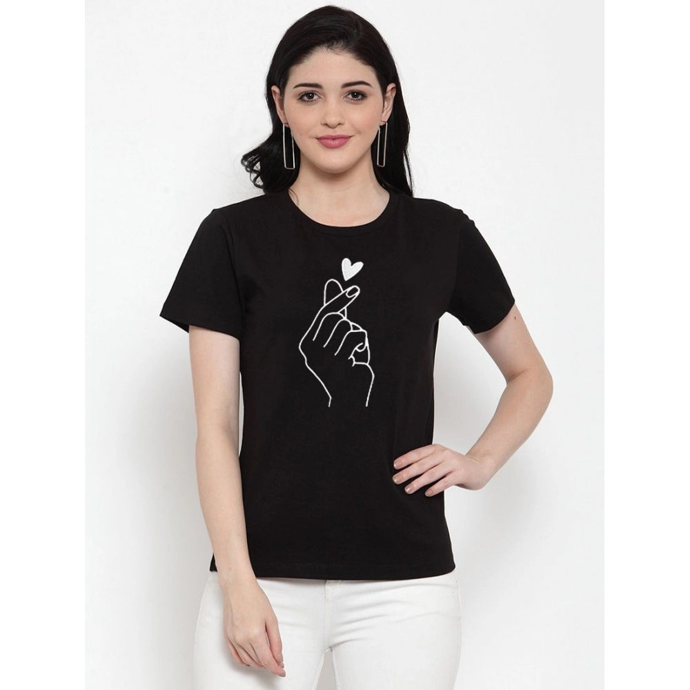 Generic Women's Cotton Blend Hand Heart Line Art Printed T-Shirt (Black)