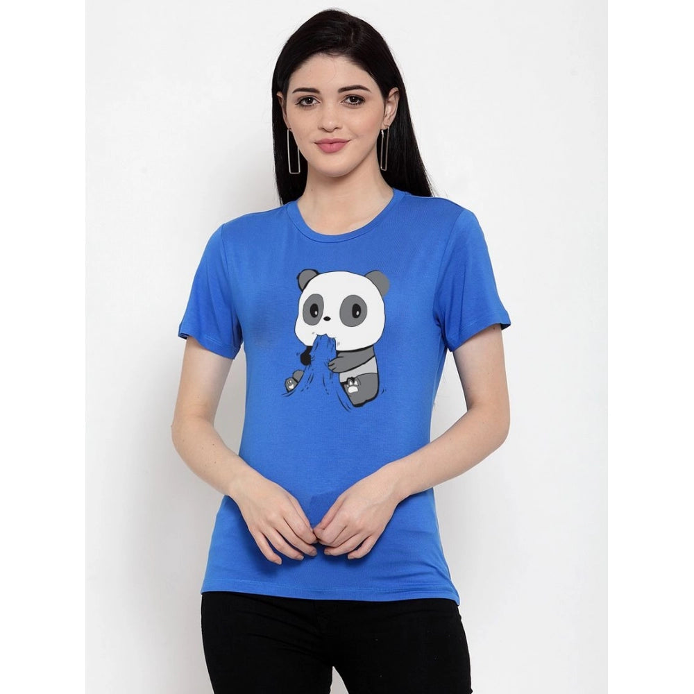 Generic Women's Cotton Blend Panda Bites Printed T-Shirt (Blue)