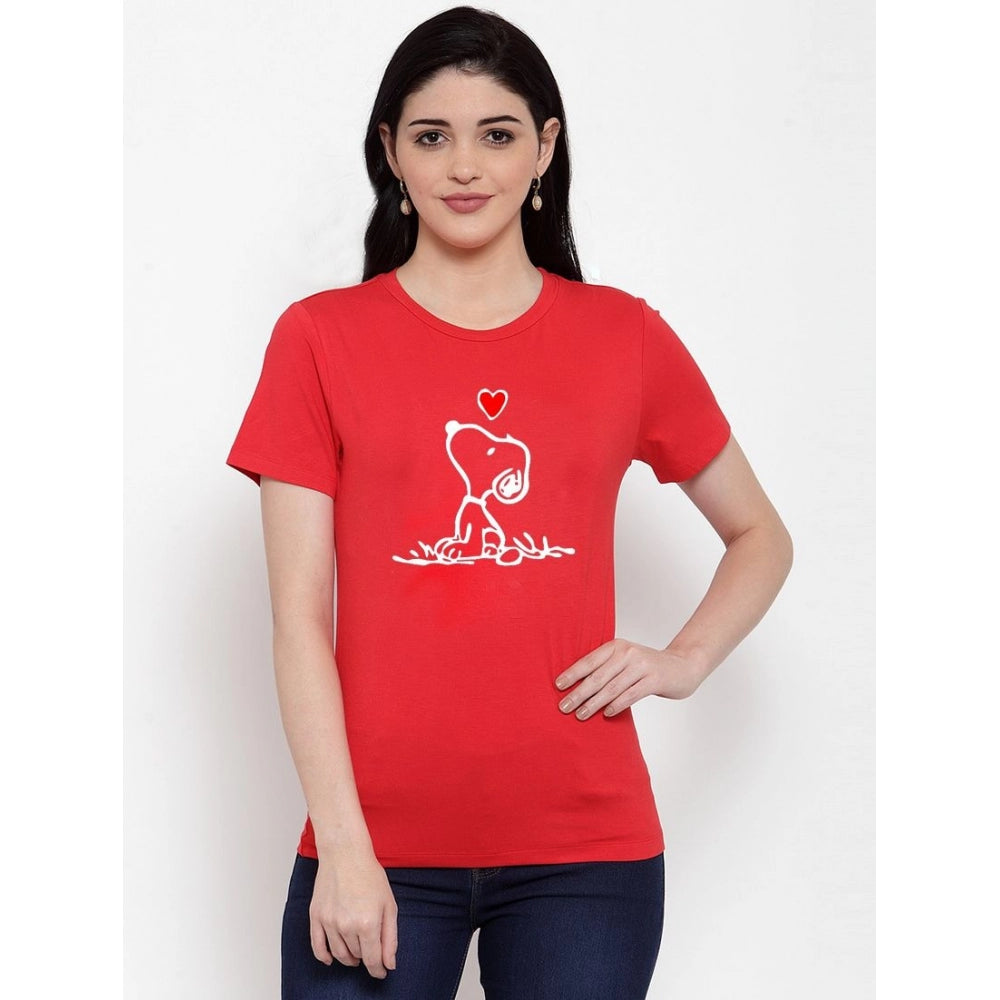 Generic Women's Cotton Blend Snoopy Peanuts Inspired Cartoon Printed T-Shirt (Red)