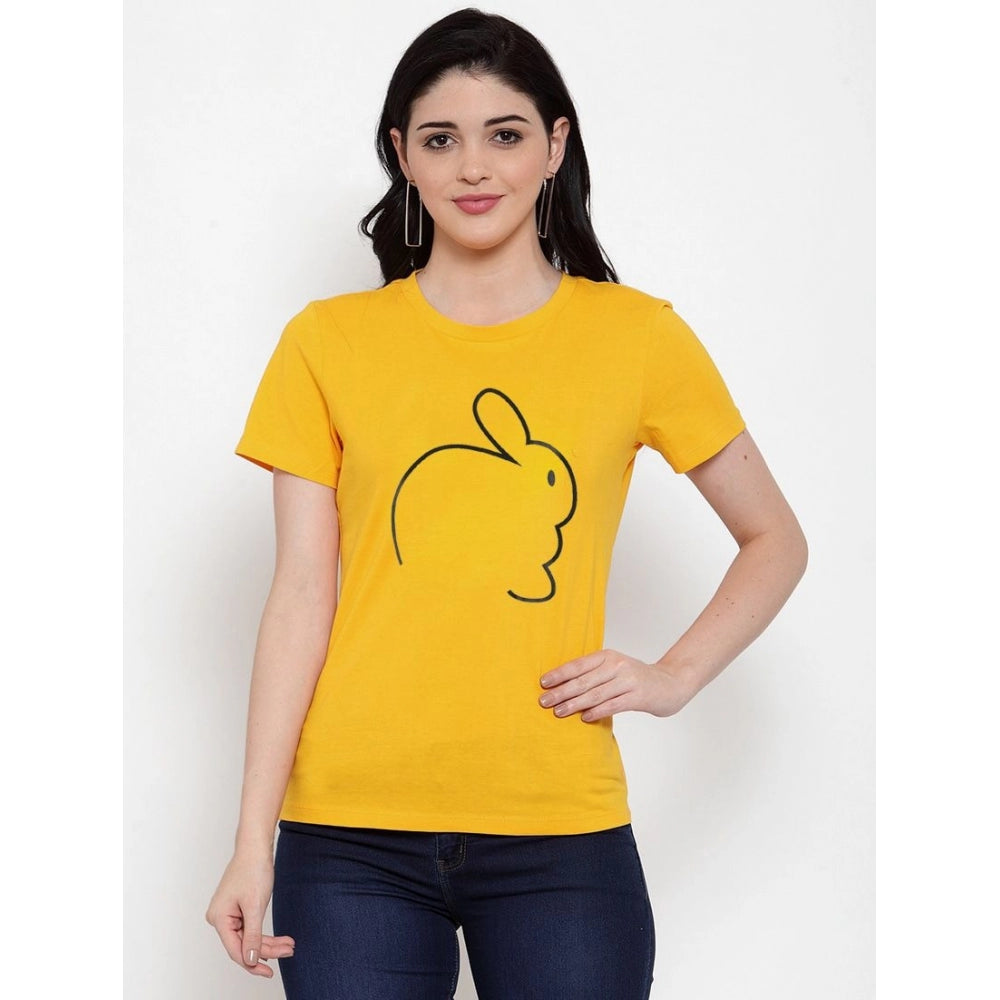 Generic Women's Cotton Blend Rabbit Line Art Printed T-Shirt (Yellow)